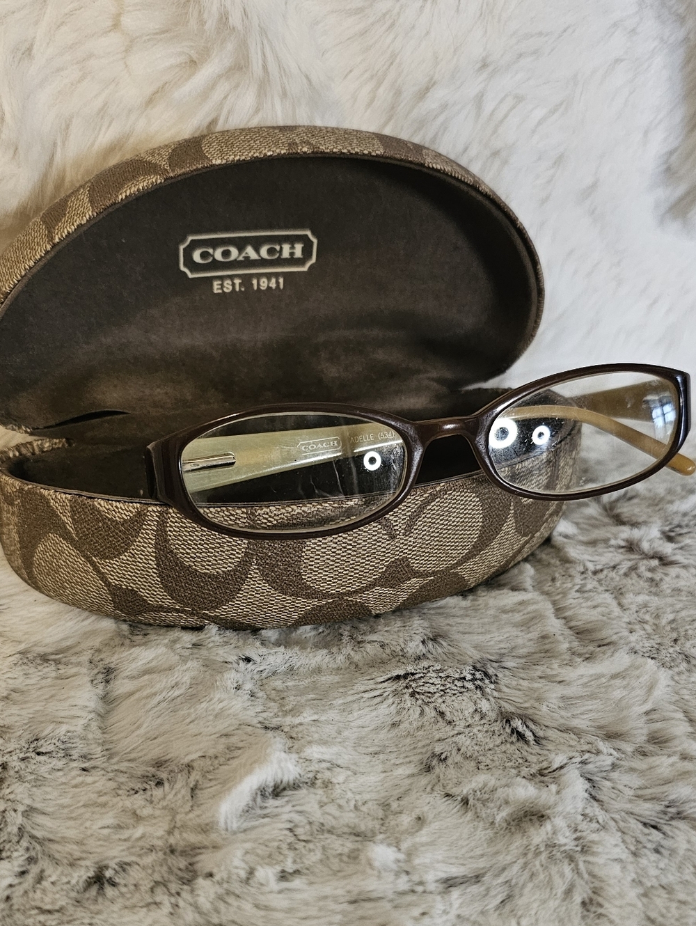 COACH Signature Pattern Eyeglass Case with Brown Frames
